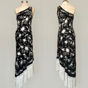 RALPH LAUREN Vintage Silk Piano Shawl Dress Gown w/ Embroidery & Fringe Sz 4